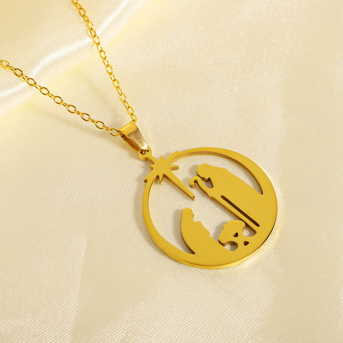 Stainless Steel Praying Hollow Circle Pendant Necklace, Stylish Niche Design, Elegant High-End Jewelry
