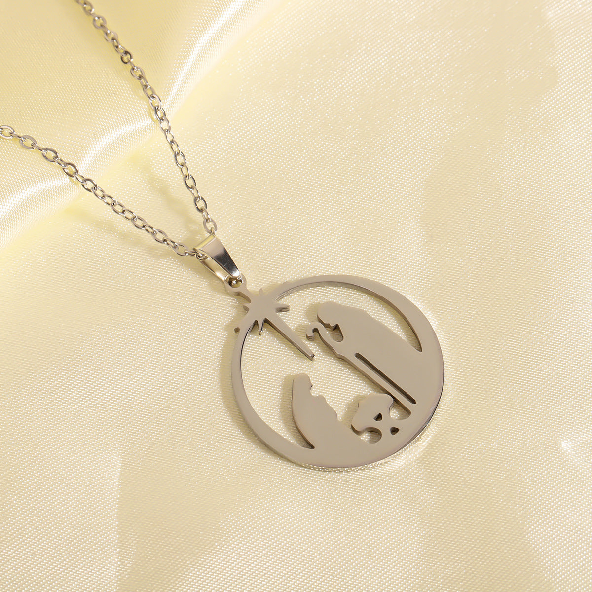 Stainless Steel Praying  Hollow Circle Pendant Necklace, Stylish Niche Design, Elegant High-End Jewelry