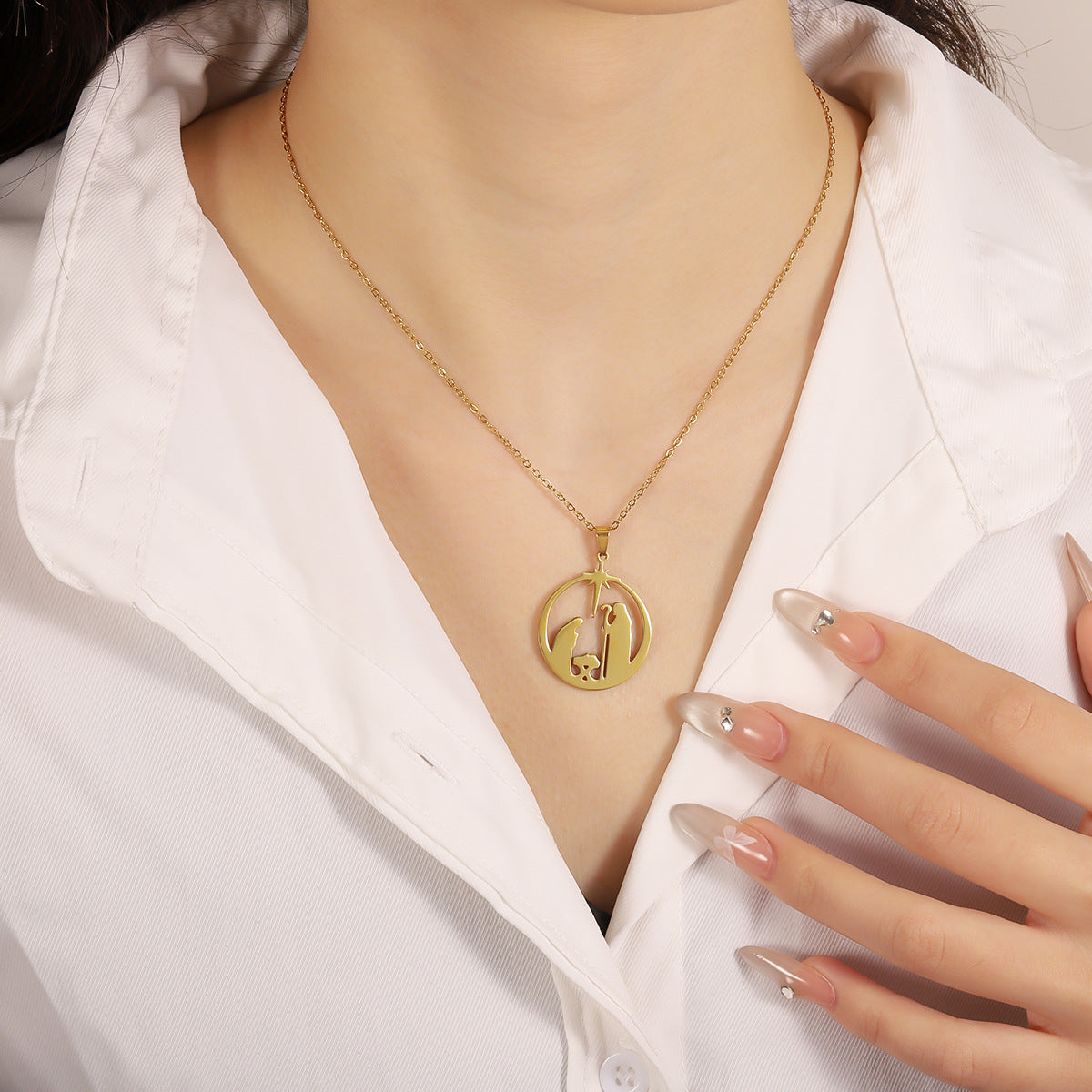 Stainless Steel Praying  Hollow Circle Pendant Necklace, Stylish Niche Design, Elegant High-End Jewelry