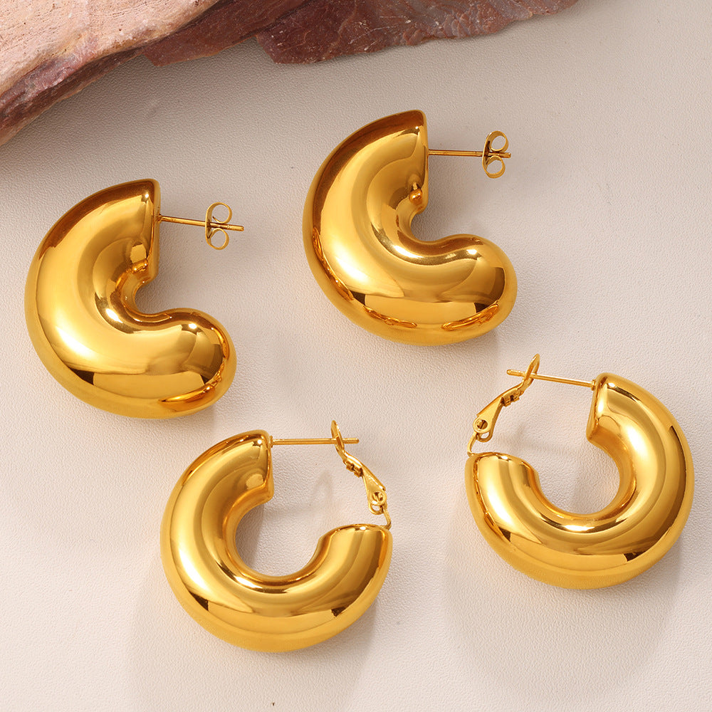 Glossy Metal Semi-Circle Hoop Earrings, Minimalist Geometric Commute Ear Jewelry