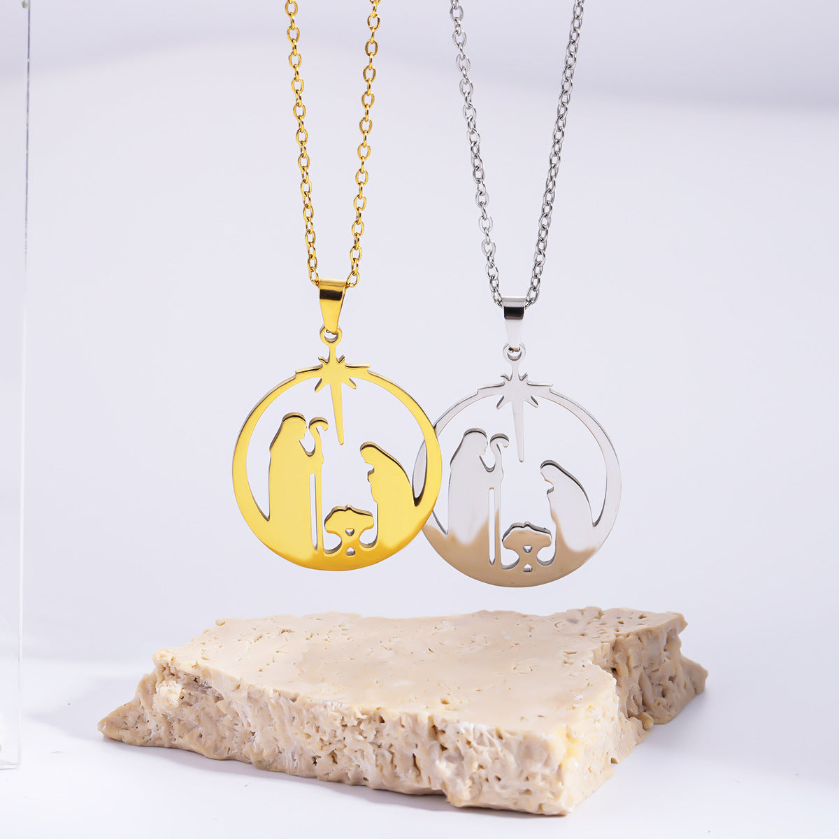 Stainless Steel Praying  Hollow Circle Pendant Necklace, Stylish Niche Design, Elegant High-End Jewelry