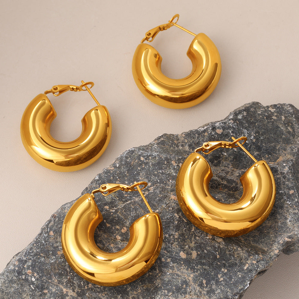 Glossy Metal Semi-Circle Hoop Earrings, Minimalist Geometric Commute Ear Jewelry